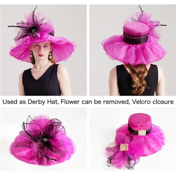 Women Organza Church Tea Party Hats Floral Pink main image 7